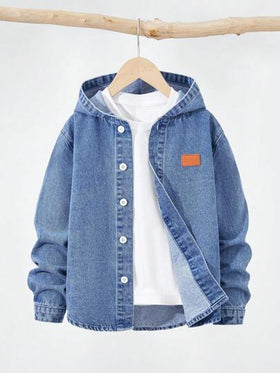 SHEIN Genkimix Kids جاكيت جينز مبطنة بقلنسوة للأولاد، ملابس خارجية مريحة من الجينز المغسول، ملابس علوية جينز متعدد الاستخدامات، 2025