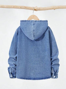 SHEIN Genkimix Kids جاكيت جينز مبطنة بقلنسوة للأولاد، ملابس خارجية مريحة من الجينز المغسول، ملابس علوية جينز متعدد الاستخدامات، 2025