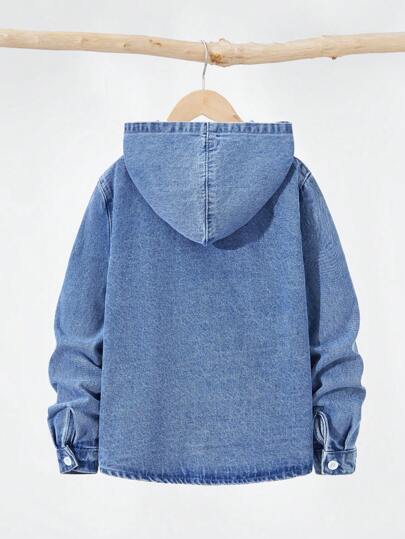 SHEIN Genkimix Kids جاكيت جينز مبطنة بقلنسوة للأولاد، ملابس خارجية مريحة من الجينز المغسول، ملابس علوية جينز متعدد الاستخدامات، 2025