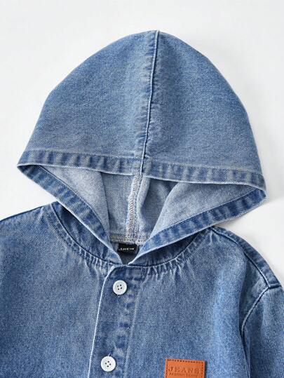SHEIN Genkimix Kids جاكيت جينز مبطنة بقلنسوة للأولاد، ملابس خارجية مريحة من الجينز المغسول، ملابس علوية جينز متعدد الاستخدامات، 2025