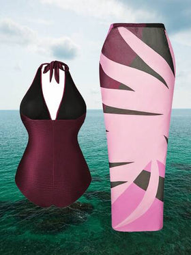 Swim Oasis بدلة سباحة قطعة واحدة بألوان صلبة من نوع سترة صدرية وتنورة لون متناقض للتغطية، مجموعة ملابس نسائية 3 قطع للبحر والسباحة وقطعة سباحة وملابس صيفية