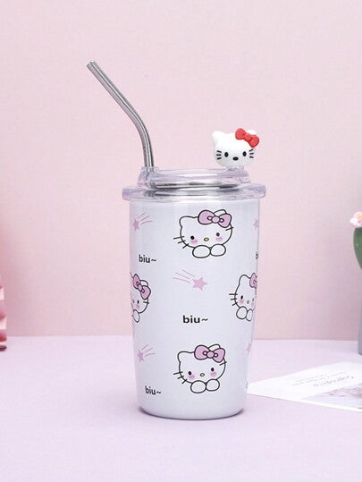 Sanrio كوب مياه مطبوع عليه شخصيات الكارتون Kelocetti بترخيص من Sanrio ، من الفولاذ المقاوم للصدأ 304 ، سعة 450 مل ، كوب مشروبات محمول للخارج، جذاب للغاية لشرب القهوة بشكل عادي ، كوب مياه للاستخدام المنزلي الصيفي، كوب بفتحة وقش (450 مل)، ديكور حمام منزلي