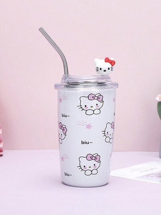 Sanrio كوب مياه مطبوع عليه شخصيات الكارتون Kelocetti بترخيص من Sanrio ، من الفولاذ المقاوم للصدأ 304 ، سعة 450 مل ، كوب مشروبات محمول للخارج، جذاب للغاية لشرب القهوة بشكل عادي ، كوب مياه للاستخدام المنزلي الصيفي، كوب بفتحة وقش (450 مل)، ديكور حمام منزلي