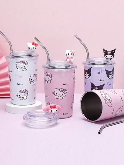 Sanrio كوب مياه مطبوع عليه شخصيات الكارتون Kelocetti بترخيص من Sanrio ، من الفولاذ المقاوم للصدأ 304 ، سعة 450 مل ، كوب مشروبات محمول للخارج، جذاب للغاية لشرب القهوة بشكل عادي ، كوب مياه للاستخدام المنزلي الصيفي، كوب بفتحة وقش (450 مل)، ديكور حمام منزلي