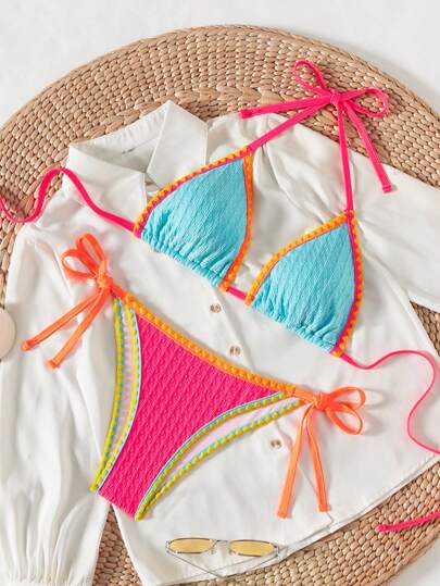 Swim SXY ملابس شاطئ/ إجازة صيفية لسيدات، مجموعة ملابس سباحة مكونة من ملابس علوية علوية مفتوحة مزينة بكشكشة ملونة وسراويل بيكيني ذات حمالات خيطية جانبية، إطلالة إيقونية محفزة للربيع، مناسبة للحفلات والأجواء البوهيمية