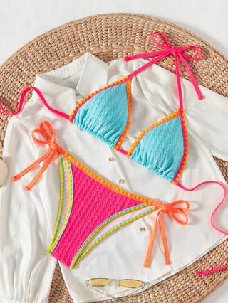 Swim SXY ملابس شاطئ/ إجازة صيفية لسيدات، مجموعة ملابس سباحة مكونة من ملابس علوية علوية مفتوحة مزينة بكشكشة ملونة وسراويل بيكيني ذات حمالات خيطية جانبية، إطلالة إيقونية محفزة للربيع، مناسبة للحفلات والأجواء البوهيمية