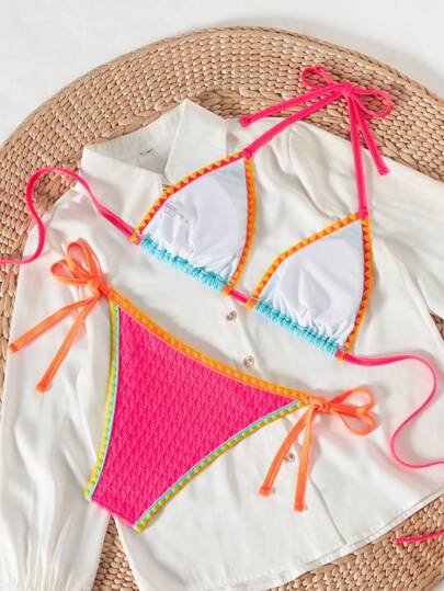 Swim SXY ملابس شاطئ/ إجازة صيفية لسيدات، مجموعة ملابس سباحة مكونة من ملابس علوية علوية مفتوحة مزينة بكشكشة ملونة وسراويل بيكيني ذات حمالات خيطية جانبية، إطلالة إيقونية محفزة للربيع، مناسبة للحفلات والأجواء البوهيمية