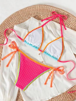 Swim SXY ملابس شاطئ/ إجازة صيفية لسيدات، مجموعة ملابس سباحة مكونة من ملابس علوية علوية مفتوحة مزينة بكشكشة ملونة وسراويل بيكيني ذات حمالات خيطية جانبية، إطلالة إيقونية محفزة للربيع، مناسبة للحفلات والأجواء البوهيمية