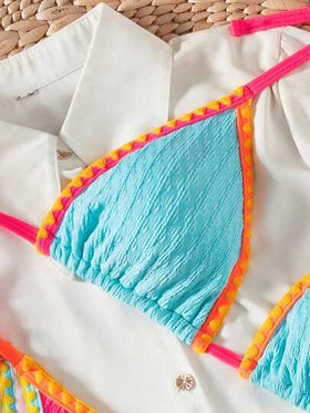 Swim SXY ملابس شاطئ/ إجازة صيفية لسيدات، مجموعة ملابس سباحة مكونة من ملابس علوية علوية مفتوحة مزينة بكشكشة ملونة وسراويل بيكيني ذات حمالات خيطية جانبية، إطلالة إيقونية محفزة للربيع، مناسبة للحفلات والأجواء البوهيمية