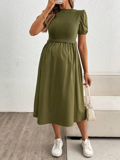 MaterniWear فستان أنيق حمل مصمم بأكمام منتفخة وضيق