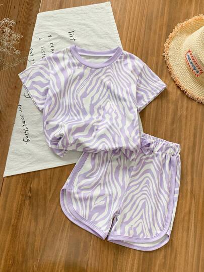 ملابس أطفال بنات جديدة للربيع والصيف، تيشيرت برقبة مستديرة وأكمام قصيرة ذو نمط الزيبرا الأرجواني ومجموعة من البنطلون القصير، 2 قطعة
