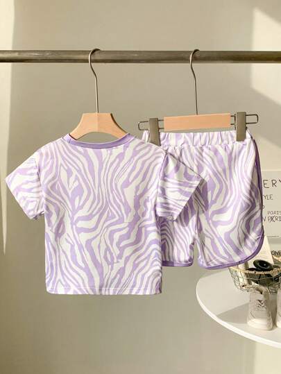 ملابس أطفال بنات جديدة للربيع والصيف، تيشيرت برقبة مستديرة وأكمام قصيرة ذو نمط الزيبرا الأرجواني ومجموعة من البنطلون القصير، 2 قطعة