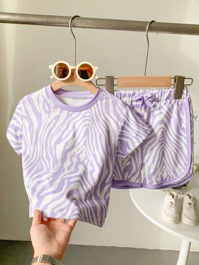 ملابس أطفال بنات جديدة للربيع والصيف، تيشيرت برقبة مستديرة وأكمام قصيرة ذو نمط الزيبرا الأرجواني ومجموعة من البنطلون القصير، 2 قطعة