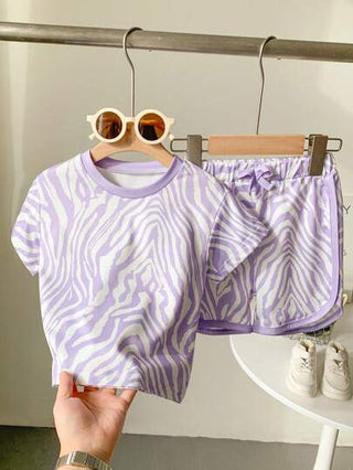 ملابس أطفال بنات جديدة للربيع والصيف، تيشيرت برقبة مستديرة وأكمام قصيرة ذو نمط الزيبرا الأرجواني ومجموعة من البنطلون القصير، 2 قطعة