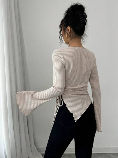 Selianne تي شيرت بياقة عالية، ثنائي الأكمام الواسعة وهيم غير متماثل، مع رباط للمرأة ، خريف/شتاء
