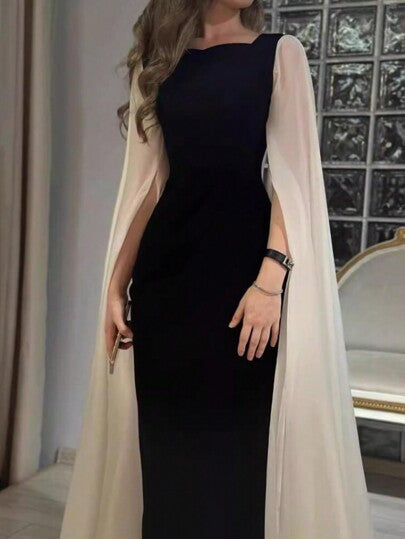 فستان ربيعي وصيفي أنيق طويل ذو رقبة مربعة متباينة للنساء، لون أسود