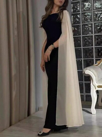 فستان ربيعي وصيفي أنيق طويل ذو رقبة مربعة متباينة للنساء، لون أسود