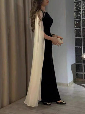 فستان ربيعي وصيفي أنيق طويل ذو رقبة مربعة متباينة للنساء، لون أسود