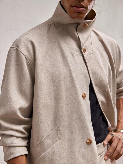 AKNOTIC Business Casual جاكيت كارديجان بياقة عالية وأكمام طويلة ذات قصة فضفاضة للرجال، للاستخدام اليومي في الخريف والشتاء