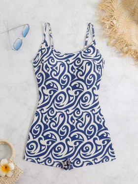 Swim SPRTY بدلة سباحة قطعة واحدة مطبوعة بطراز البيسلي، ضيقة تناسب الجسم، مزودة بكتفين، جودة احترافية لملابس السباحة النسائية لرياضة الشاطئ والمنافسات الصيفية