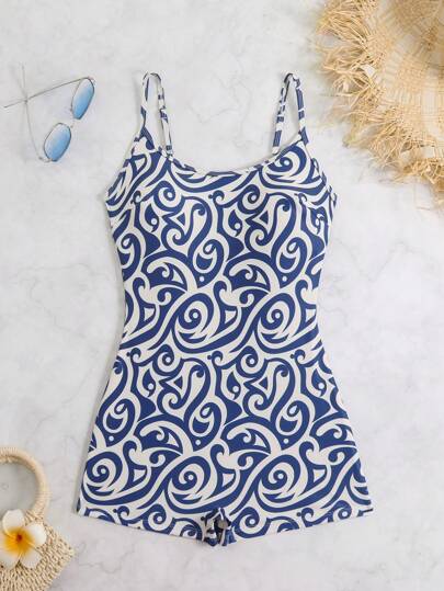 Swim SPRTY بدلة سباحة قطعة واحدة مطبوعة بطراز البيسلي، ضيقة تناسب الجسم، مزودة بكتفين، جودة احترافية لملابس السباحة النسائية لرياضة الشاطئ والمنافسات الصيفية