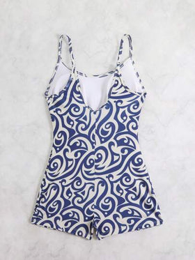 Swim SPRTY بدلة سباحة قطعة واحدة مطبوعة بطراز البيسلي، ضيقة تناسب الجسم، مزودة بكتفين، جودة احترافية لملابس السباحة النسائية لرياضة الشاطئ والمنافسات الصيفية