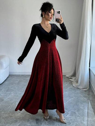 Modelyn فستان سهرة طويل للنساء من الفيلكور الأسود بخيوط فضية بأكمام طويلة وقصة أ مناسب للشتاء وحفلات رأس السنة الجديدة، فستان طويل لحفلات المساء