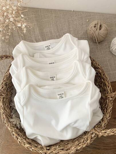 SHEIN LMoss Kids 4 قطع طقم هدية لحديثي الولادة من البنات، بوديسوت صلبة اللون مرنة مصنوعة من الصوف المحبوك، مناسبة للخريف والشتاء