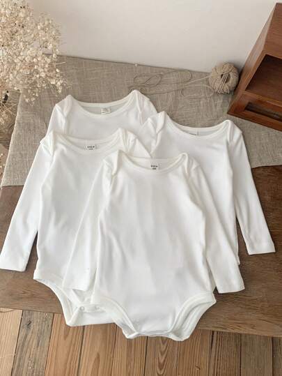 SHEIN LMoss Kids 4 قطع طقم هدية لحديثي الولادة من البنات، بوديسوت صلبة اللون مرنة مصنوعة من الصوف المحبوك، مناسبة للخريف والشتاء