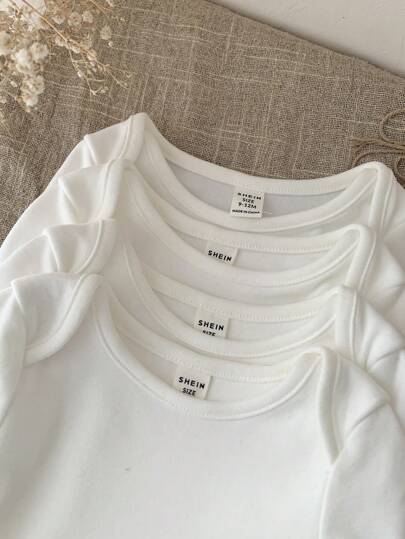 SHEIN LMoss Kids 4 قطع طقم هدية لحديثي الولادة من البنات، بوديسوت صلبة اللون مرنة مصنوعة من الصوف المحبوك، مناسبة للخريف والشتاء
