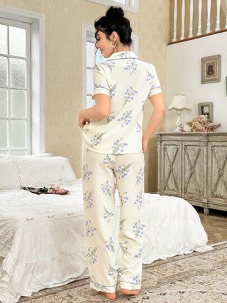 CottageSlumber طقم بيجامة للنساء مطبوع بطراز زهور مع لمسات ملونة متباينة وجيب