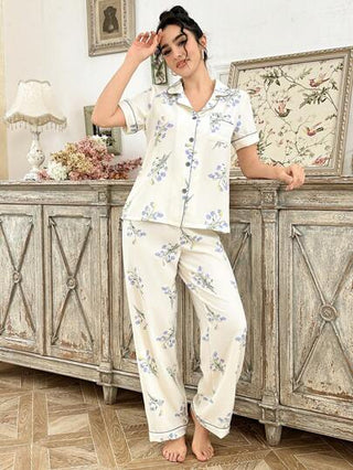 CottageSlumber طقم بيجامة للنساء مطبوع بطراز زهور مع لمسات ملونة متباينة وجيب