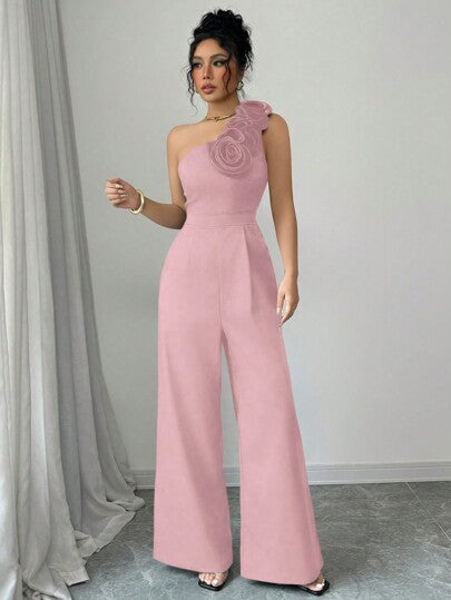 Rafferiza جمبسوت نسائية بلون أحادي ذات طوق غير متماثل بدون أكمام مع زخرفة زهرية ثلاثية الأبعاد