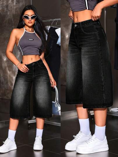 SHEIN ICON جينز فضفاض مغسول للنساء مقاس 3/4 طول