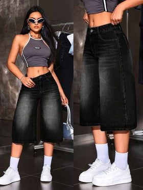 SHEIN ICON جينز فضفاض مغسول للنساء مقاس 3/4 طول