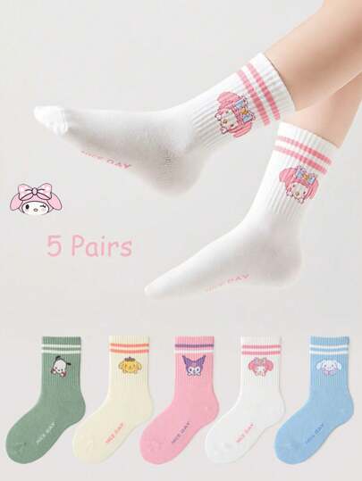 Sanrio 5 أزواج من جوارب الأطفال بألوان المكرون، مع أزواج معكرونة بتصاميم الكرتون اليابانية، متوسطة الطول، بشريطين، على طريقة الكلية، جوارب طلابية، بسيطة وكاجوال لليومي