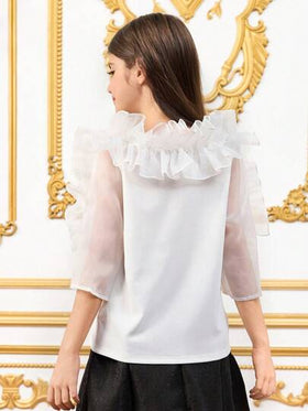 SHEIN ملابس علوية أنيقة للفتيات المراهقات من الأورجانزا مكسرة الياقة على شكل حرف V مناسبة للجسم بأكمام ثلاثة أرباع بتصميم رقعي باللون الأبيض