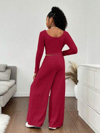 girls-sets بلوزة برقبة U بأكمام طويلة مصنوعة من الأقمشة المضلعة و بنطلون فضفاض بساقين واسعتين مجموعة مكونة من قطعتين للمراهقات