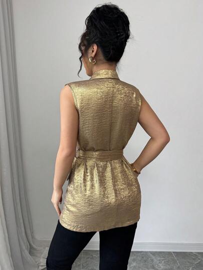 Elenzga سترة كاجوال نسائية بياقة مفرودة بلا أكمام، خَصر ضيق، مضاعفة الصدر
