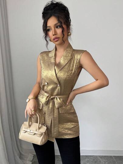 Elenzga سترة كاجوال نسائية بياقة مفرودة بلا أكمام، خَصر ضيق، مضاعفة الصدر