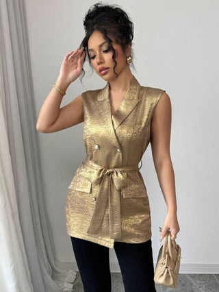 Elenzga سترة كاجوال نسائية بياقة مفرودة بلا أكمام، خَصر ضيق، مضاعفة الصدر