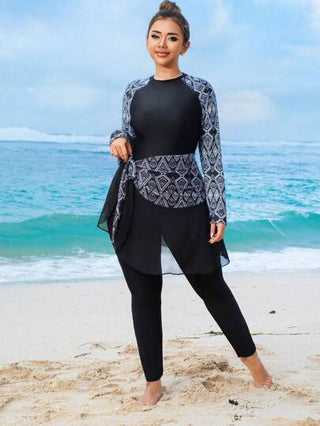 Swim Mulvari مجموعة بحر للسيدات كبيرة الحجم 2 قطعة، ملابس علوية كم طويل طباعة لون متباين وبنطلون، تصميم سحاب خلفي مع تنورة شبكية سوداء، زي محتشم وأنيق للشاطئ والمنتجعات