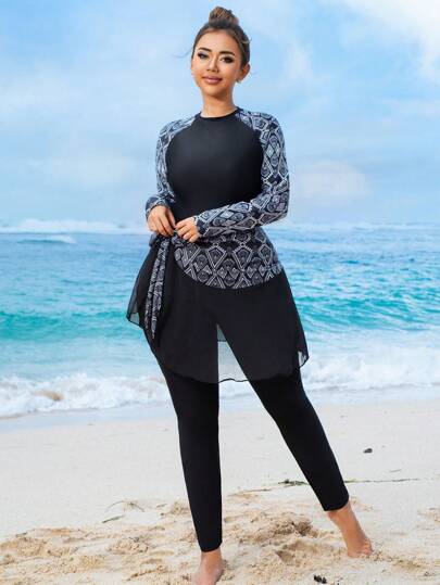 Swim Mulvari مجموعة بحر للسيدات كبيرة الحجم 2 قطعة، ملابس علوية كم طويل طباعة لون متباين وبنطلون، تصميم سحاب خلفي مع تنورة شبكية سوداء، زي محتشم وأنيق للشاطئ والمنتجعات