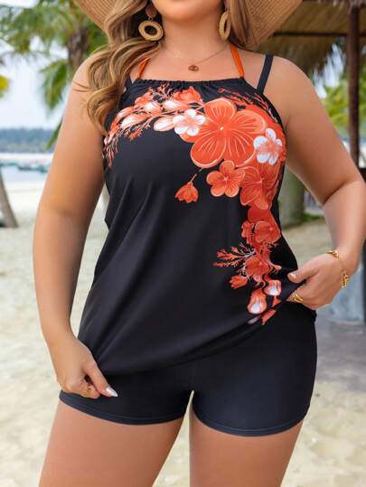 Swim Lushoire طقم بكيني مطبوع بالزهور بحجم كبير 3 قطع مع تصميم على الصدر، فستان شاطئ متعدد الألوان للنساء للصيف