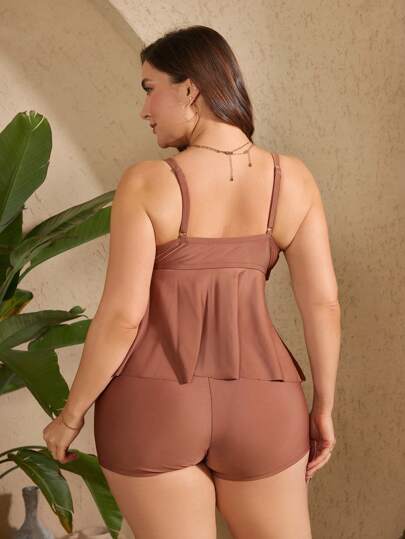 Swim Lushoire مايوه نسائي كاجوال من قطعتين (بلوزة وسروال) مقاسات كبيرة، بياقة على شكل حرف V مع إشارة التقليم المموج بلون مغاير، لموسم الصيف