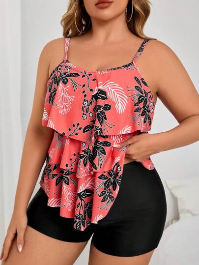 Swim Lushoire مجموعة قطعتين - توب كروب مطبع بطباعة الأزهار بياقة مستديرة بحلية من الكشكش وشورت شورت أسود سادة للمقاسات الكبيرة في الصيف