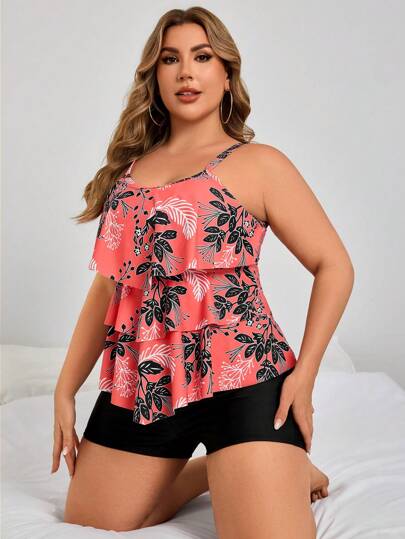 Swim Lushoire مجموعة قطعتين - توب كروب مطبع بطباعة الأزهار بياقة مستديرة بحلية من الكشكش وشورت شورت أسود سادة للمقاسات الكبيرة في الصيف