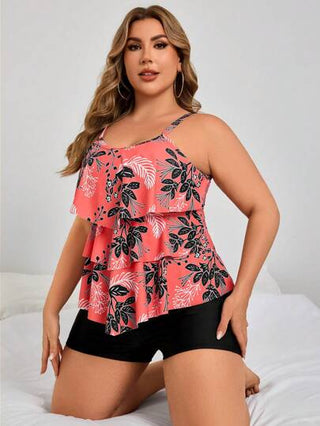 Swim Lushoire مجموعة قطعتين - توب كروب مطبع بطباعة الأزهار بياقة مستديرة بحلية من الكشكش وشورت شورت أسود سادة للمقاسات الكبيرة في الصيف