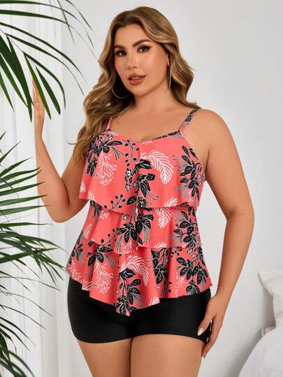 Swim Lushoire مجموعة قطعتين - توب كروب مطبع بطباعة الأزهار بياقة مستديرة بحلية من الكشكش وشورت شورت أسود سادة للمقاسات الكبيرة في الصيف