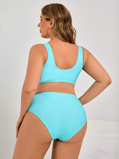 Swim Lushoire مجموعة بيكيني مقاس كبير للنساء ذات قطعتين، تصميم رقبة على شكل حرف V باللونين الأزرق والأسود، بلون مخطط